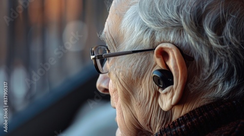  Hearing aids for seniors, aid, technology, or healthcare or medical device consultation for deaf patients with tinnitus. photo