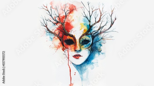 In a watercolor painting style, pen scribble style, Illustrate a frontal facial view of a half face mask with branch antlers, white background 
