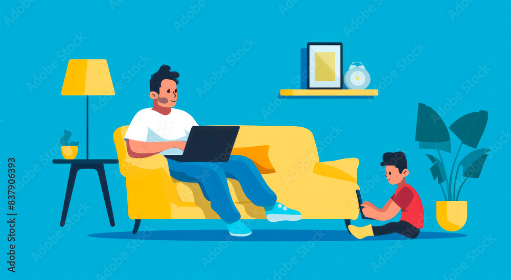 Illustration of a father and child sitting on a yellow sofa, using a laptop together, with a modern and vibrant background.

