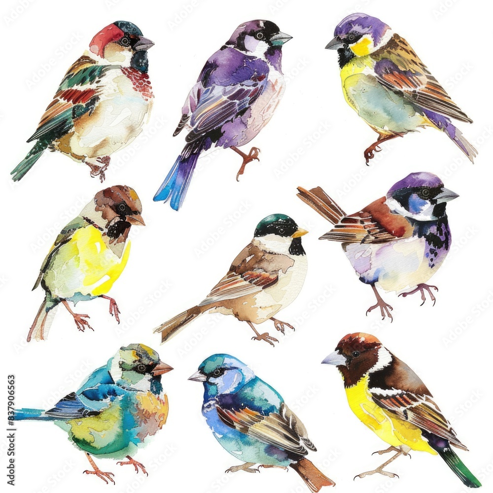 Set of Small Watercolor Sparrows in Bright Spring Colours for Art Textile Design Set of Small Watercolor Sparrows in Bright Spring Colours for Art Textile Design