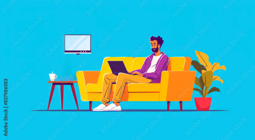 Illustration of a man working on a laptop in a vibrant living room with a TV, coffee, and houseplants Illustration of a man working on a laptop in a vibrant living room with a TV, coffee, and houseplants