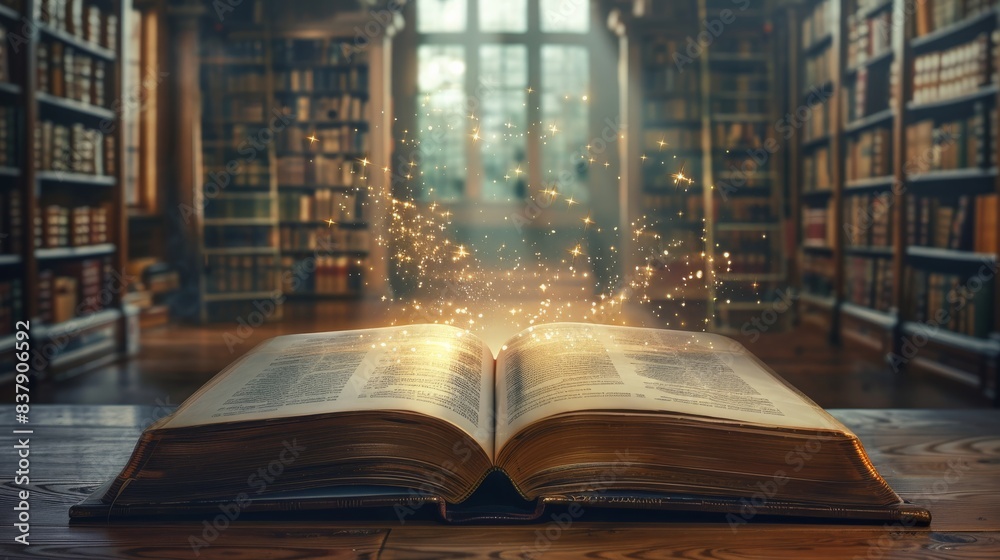 A book opened on podium in library. Glowing. Pages flipping. Generative AI. A book opened on podium in library. Glowing. Pages flipping. Generative AI.