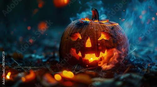 Spooky halloween background. scary pumpkin with burning eyes and smiles in the night photo