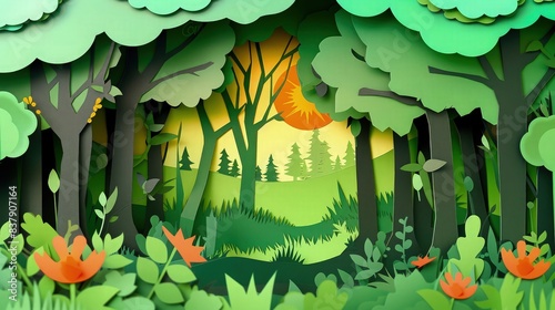 Summer forest nature landscape in paper cut origami style, featuring woodland natural background and promoting ecology and environment conservation.