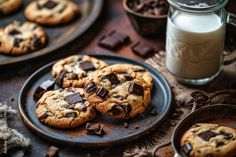 Chocolate chip cookies with milk on a rustic wooden table. Chocolate chip cookies with milk on a rustic wooden table.