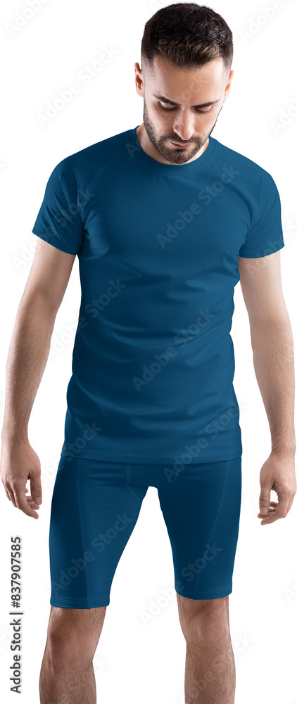 Blue t-shirt, compression suit mockup on bearded man, png, front view Blue t-shirt, compression suit mockup on bearded man, png, front view