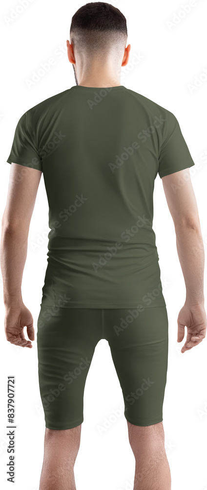 Green, khaki, army t-shirt, compression suit mockup on bearded man, png, back view
