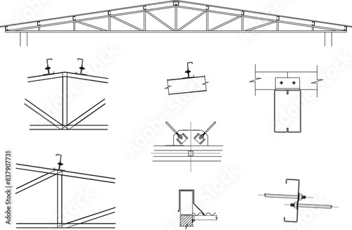 Vector illustration sketch of detailed design drawing of steel construction trusses for large building buildings