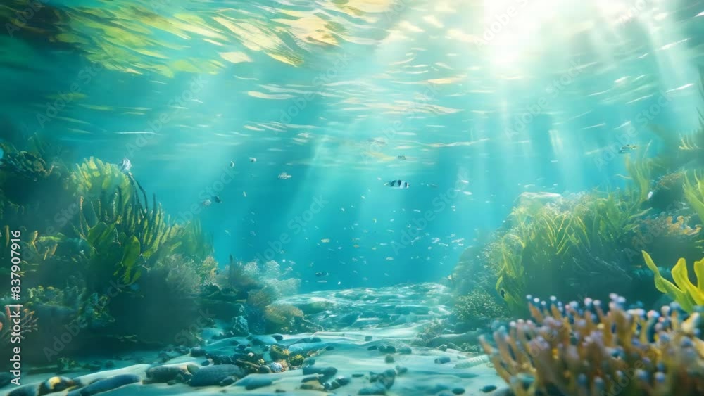 Scene underwater with sunshine, the ocean underwater concept