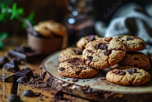 Chocolate chip cookies on a wooden background. tinting. selective focus