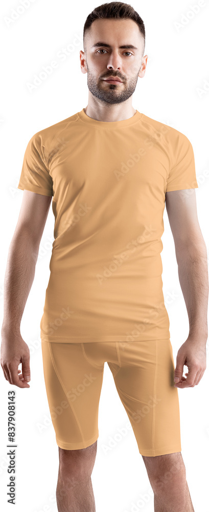 Tan, nude, beige t-shirt, compression suit mockup on bearded man, png, front view