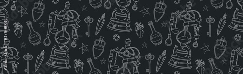 Vector illustration. Seamless pattern. Chemical revction. Alchemist's alembic. Bottles with elixir. Chemical ornament. Pattern on the theme of alchemy and mysticism.
