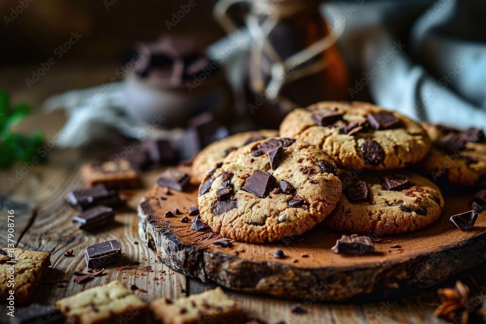 Fototapeta premium Chocolate chip cookies on a wooden background. toning. selective focus