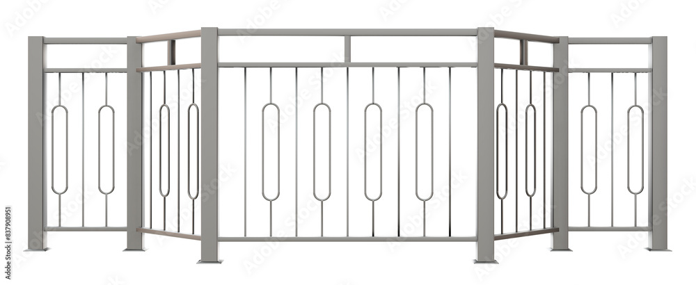 3D render showcases a sleek metal Art Deco balustrade with handrail and a striking round pattern design (transparent background). Ideal for adding a touch of modern sophistication to your exterior 3D render showcases a sleek metal Art Deco balustrade with handrail and a striking round pattern design (transparent background). Ideal for adding a touch of modern sophistication to your exterior