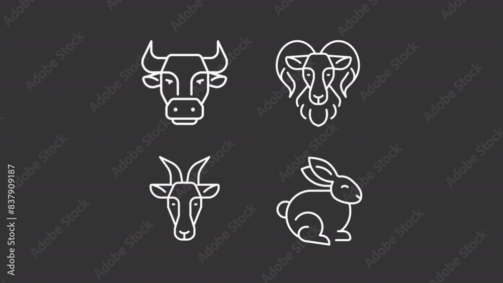 Animated farm animals white icons. Farm animals line animation library. Farm life and husbandry. Petting zoo. Isolated illustrations on dark background. Transition alpha. HD video. Icon pack Animated farm animals white icons. Farm animals line animation library. Farm life and husbandry. Petting zoo. Isolated illustrations on dark background. Transition alpha. HD video. Icon pack