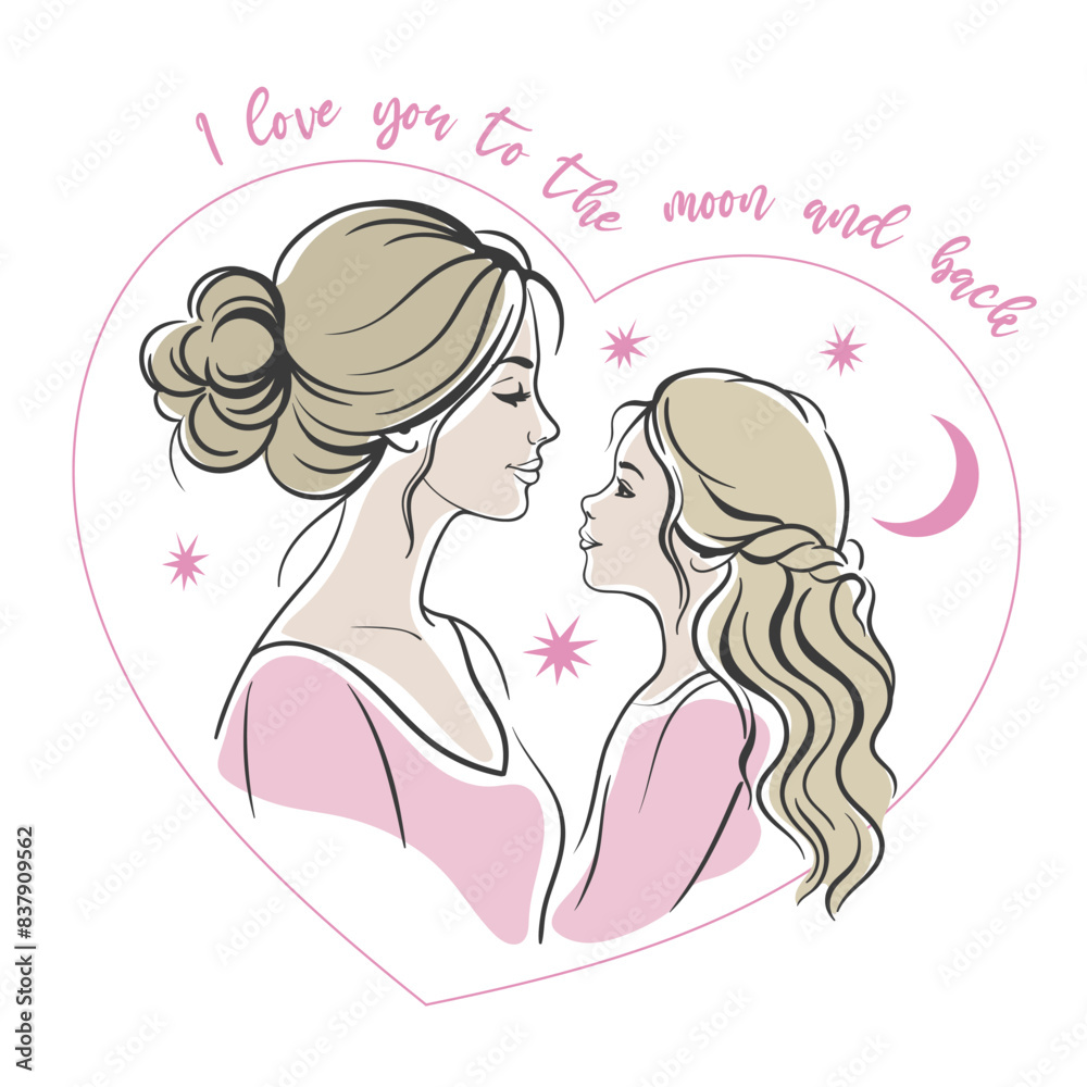 Mother and daughter look at each other, hugging in a heart-shaped frame. Motherhood, childhood, love. I love you to the moon and back. Cartoon cute vector illustration. Mother and daughter look at each other, hugging in a heart-shaped frame. Motherhood, childhood, love. I love you to the moon and back. Cartoon cute vector illustration.