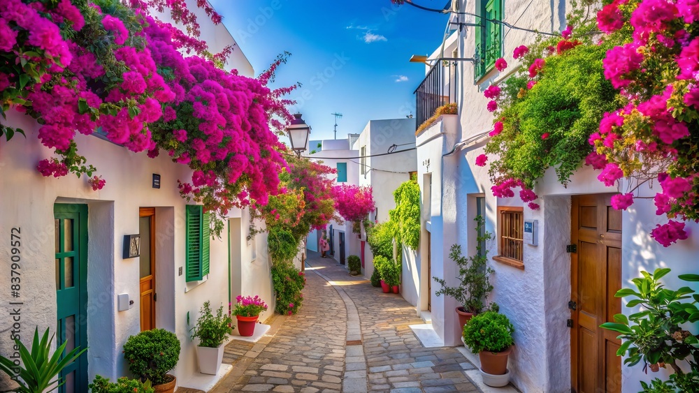 Fototapeta premium Charming whitewashed houses adorned with vibrant pink bougainvillea flowers line a narrow, picturesque alleyway, evoking a sense of serenity and warmth in a traditional mediterranean setting.