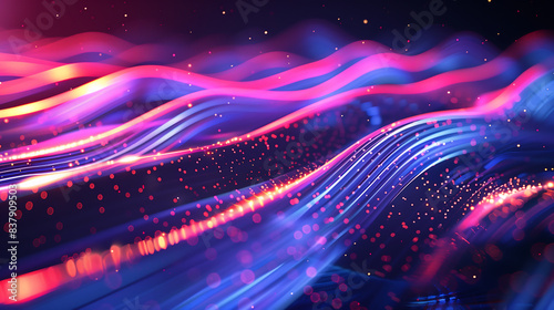 abstract background with neon glowing lines and bokeh lights on a dark purple backdrop. Digital illustration of futuristic waves in the style of blue and pink colors