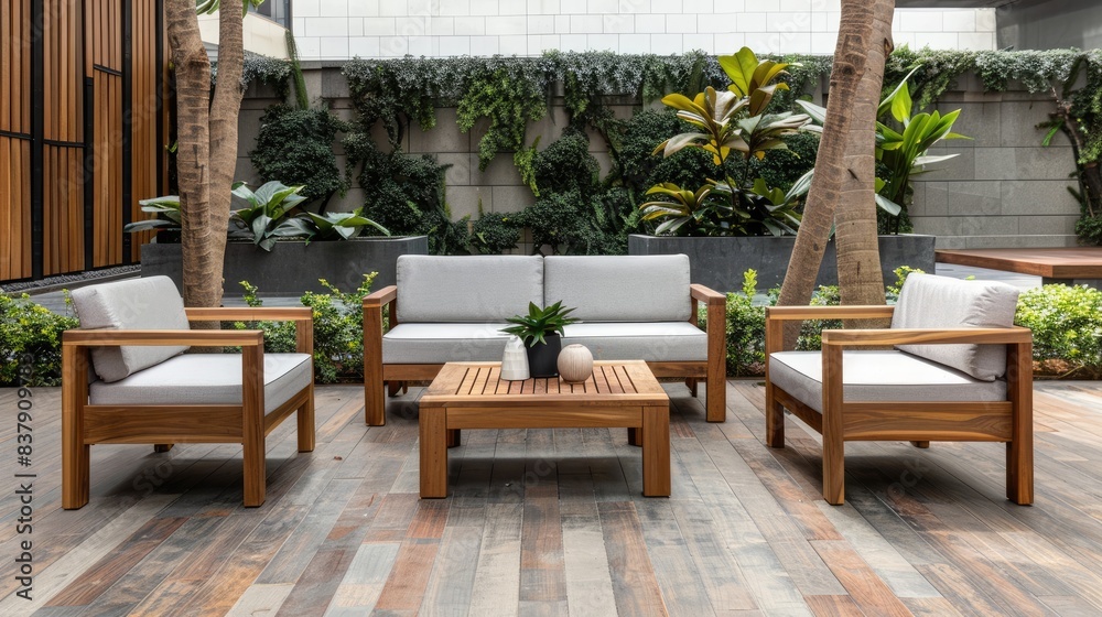 Modern garden terrace with wooden outdoor furniture, sofa and coffee table in the center of an urban courtyard surrounded by green plants