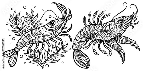 Vector illustration of Cute cartoon shrimp coloring page on isolated white background.