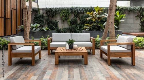 Modern garden terrace with wooden outdoor furniture  sofa and coffee table in the center of an urban courtyard surrounded by green plants