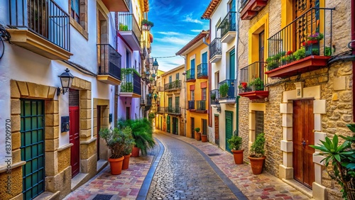 Narrow, winding cobblestone street lined with ancient stone buildings, colorful shutters, and ornate ironwork in historic calpe old town, alicante province, spain.