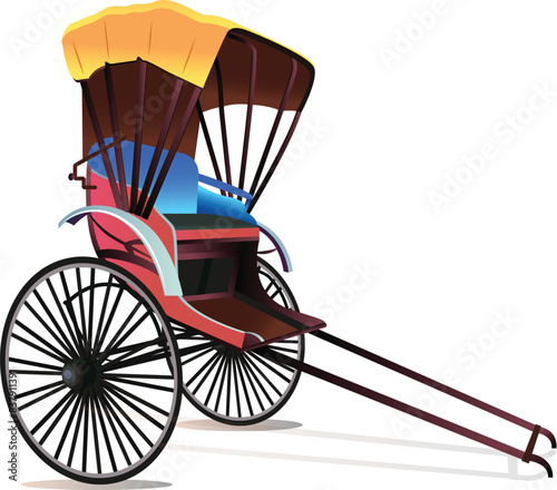 Kolkata hand-pulled rickshaw and yellow taxi. Two-wheeler, yellow rickshaw side view