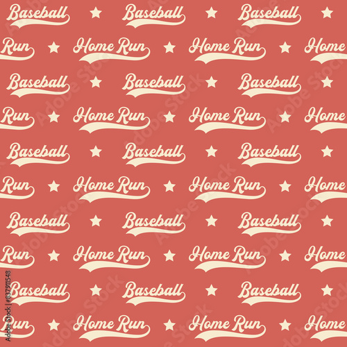 Baseball background. Baseball retro style colors seamless pattern. Home Run and Baseball wordings. Digital paper, wrapping, textile, fabric, kids clothing, sports wallpaper. Repeating tile texture