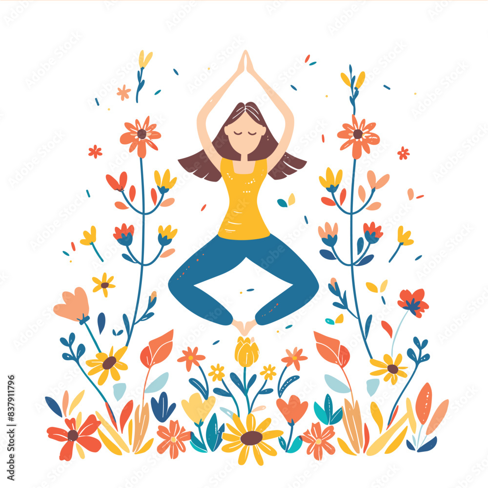 Woman practicing yoga surrounded colorful flowers, serene meditation pose, tranquility wellbeing concept. Female illustrated character yellow shirt blue pants doing lotus pose, cheerful floral Woman practicing yoga surrounded colorful flowers, serene meditation pose, tranquility wellbeing concept. Female illustrated character yellow shirt blue pants doing lotus pose, cheerful floral