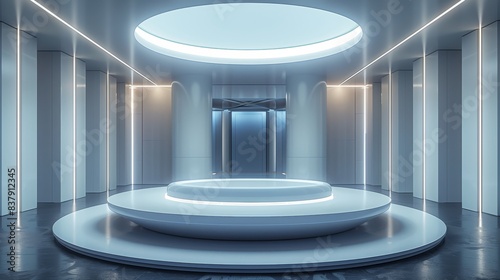 A white circular display table, cool tones of light and high-tech elements. Generative AI.