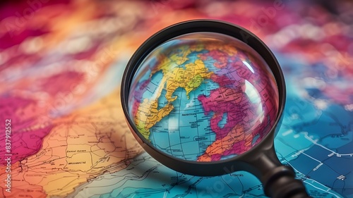 magnifying glass on the globe, magnifying glass on the world map, magnifying glass on the map of continent