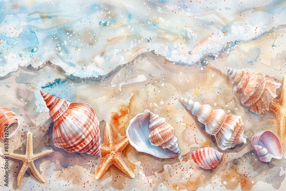 Tropical Seashells Collection. Watercolor Illustration of Aquatic Life on the Beach Tropical Seashells Collection. Watercolor Illustration of Aquatic Life on the Beach