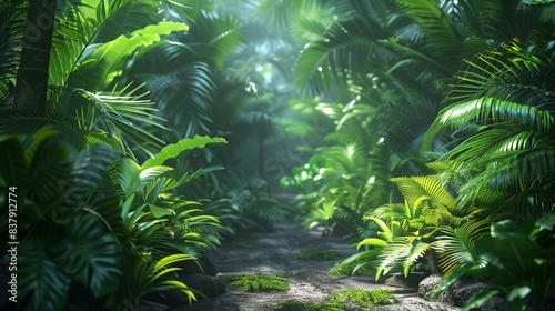 Tropical forest with exotic palm trees and lush green vegetation. Tourist path through the jungle. Lush foliage in tropical climate. Botanical background. Path in tropical forest. Background tropical.