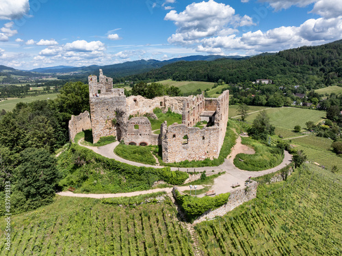 Luftbild von der Burg Staufen, auf einem Weinberg, Schlossberg, Staufen im Breisgau, Markgräflerland, Schwarzwald, Baden-Württemberg, Deutschland photo