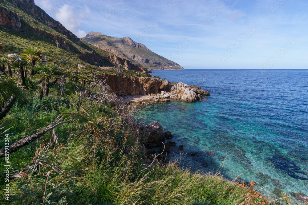 Fototapeta premium Famous natural reserve Riserva Naturale Orientata dello Zingaro with beautiful turquoise sea water, San Vito Lo Capo, Sicily, Italy