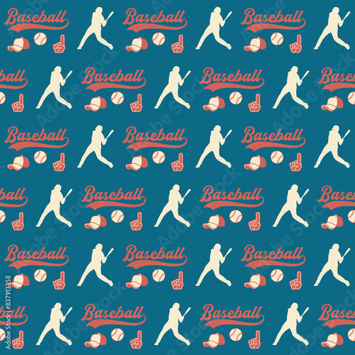 Baseball seamless pattern in retro white blue, red colors. Baseball background, wallpaper, backdrop, fabric, textile, digital paper, wrapping, packaging