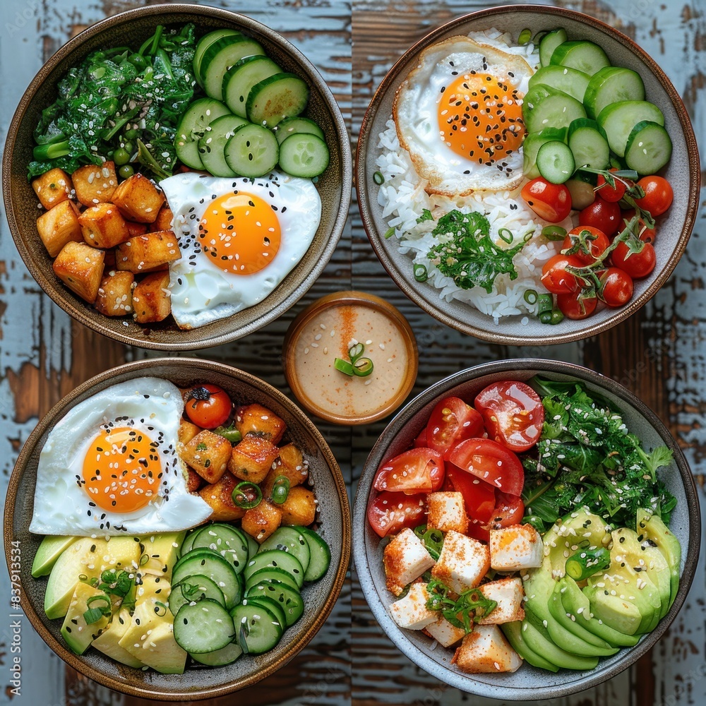 Four assorted healthy meal bowls Four assorted healthy meal bowls