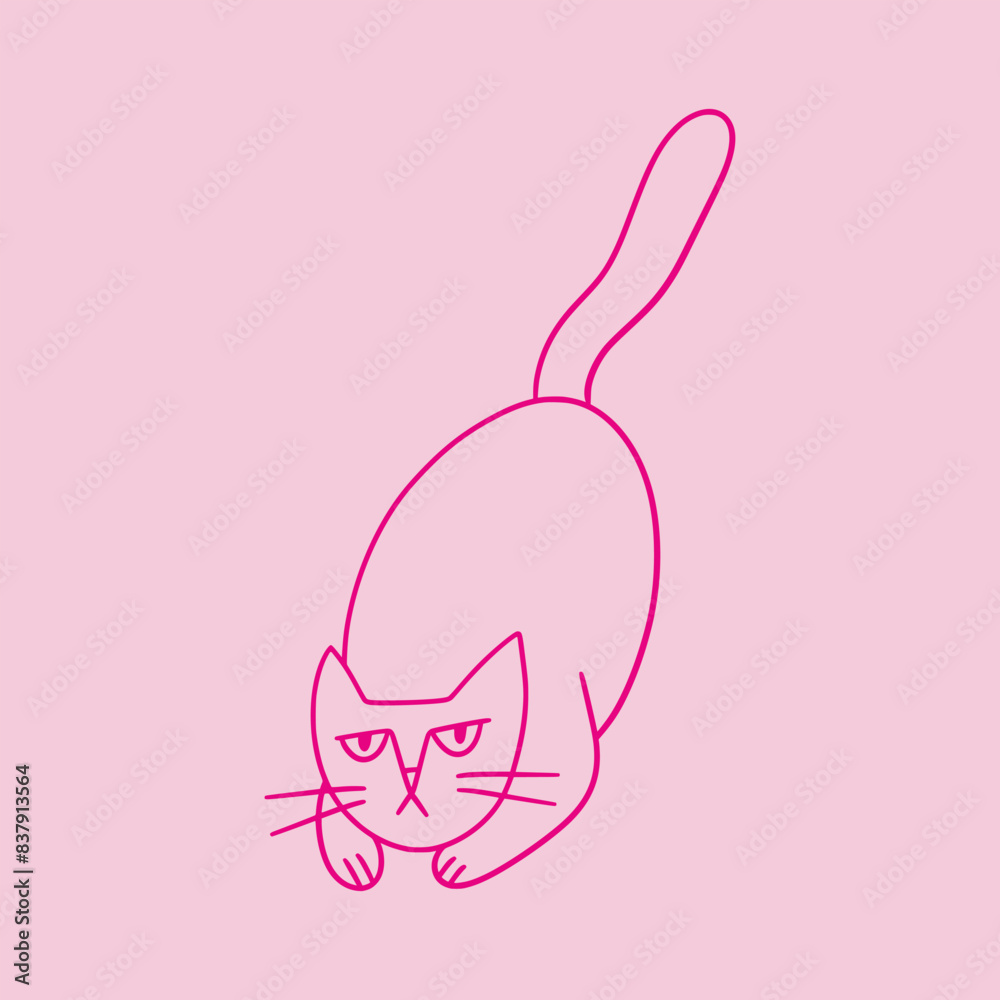 Cute doodle cat with funny grumpy face. Hand drawn outline hunting kitty. Fluffy playful cartoon character for t-shirt print, decorations. Cute doodle cat with funny grumpy face. Hand drawn outline hunting kitty. Fluffy playful cartoon character for t-shirt print, decorations.