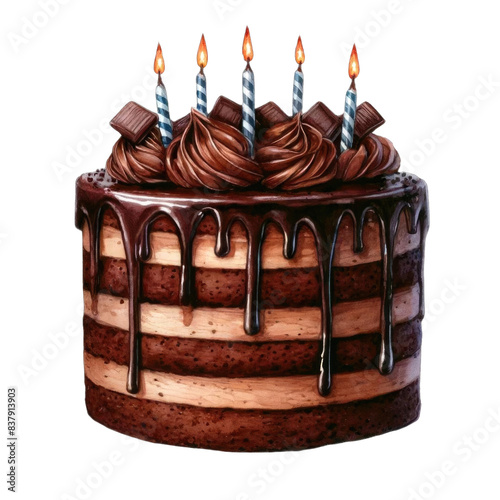 chocolate birthday cake with candles watercolor