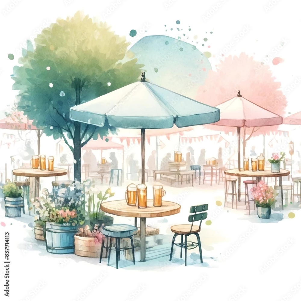 Obraz premium Outdoor Beer Garden with Tables and Umbrellas