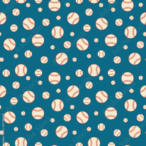 Baseball seamless pattern in retro white blue, red colors. Baseball background, wallpaper, backdrop, fabric, textile, digital paper, wrapping, packaging