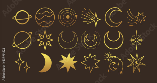 Celestial objects set. Moon, sun, stars, planets, clouds Lineart Vector illustration Mysticism and esoteric