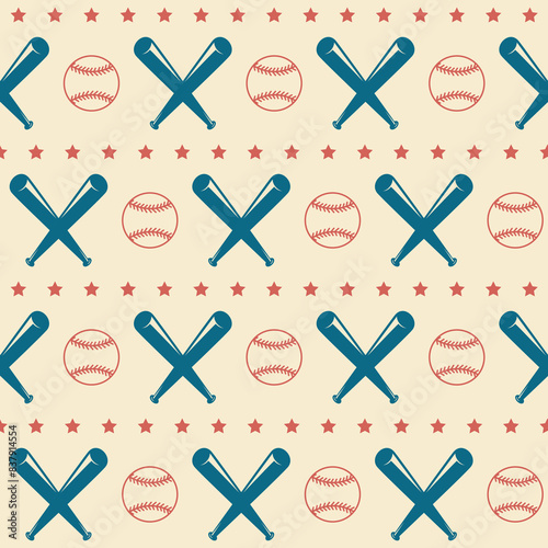 Baseball seamless pattern in retro white blue, red colors. Baseball background, wallpaper, backdrop, fabric, textile, digital paper, wrapping, packaging