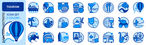 Icons in two colors about tourism and travel