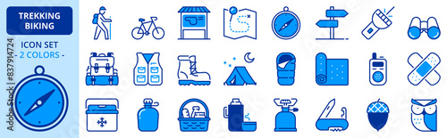 Icons in two colors  about trekking and biking.