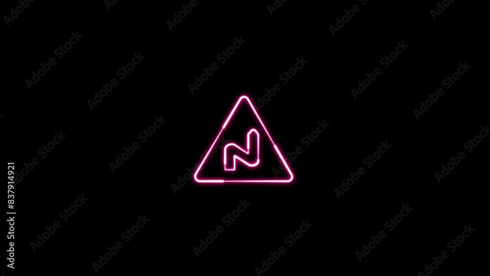Neon triangular road sign animation. Glowing curves road sign. Triangle warning road sign. Road warning sign. Neon triangular road sign animation. Glowing curves road sign. Triangle warning road sign. Road warning sign.