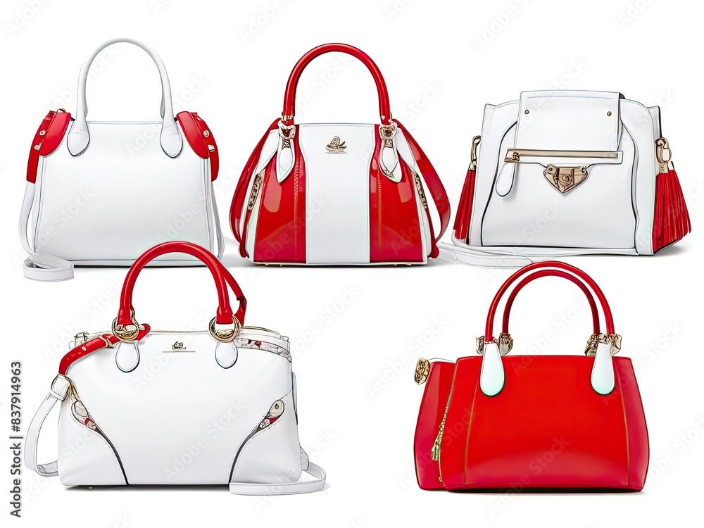 Set of chic women's handbags on a transparent white background, featuring red and white leather in a variety of colors and styles. The gorgeous ladies' handbags are luxurious and sophisticated. Set of chic women's handbags on a transparent white background, featuring red and white leather in a variety of colors and styles. The gorgeous ladies' handbags are luxurious and sophisticated.