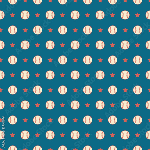 Baseball seamless pattern in retro white blue, red colors. Baseball background, wallpaper, backdrop, fabric, textile, digital paper, wrapping, packaging