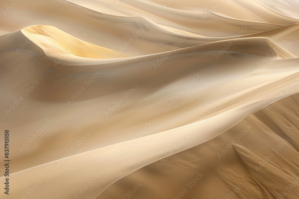 Obraz premium Aerial view of vast desert dunes, showcasing the flowing lines and soft curves of the sand formations. Capture the interplay of light and shadow, creating a sense of depth and texture. 