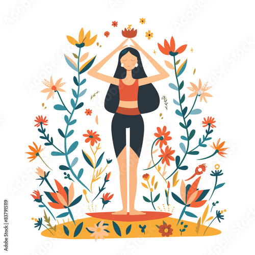 Woman practicing yoga surrounded colorful flowers, serene yoga pose, wellness meditation concept. Female performing yoga, standing tree pose vrksasana, tranquil peaceful illustration, enthusiast